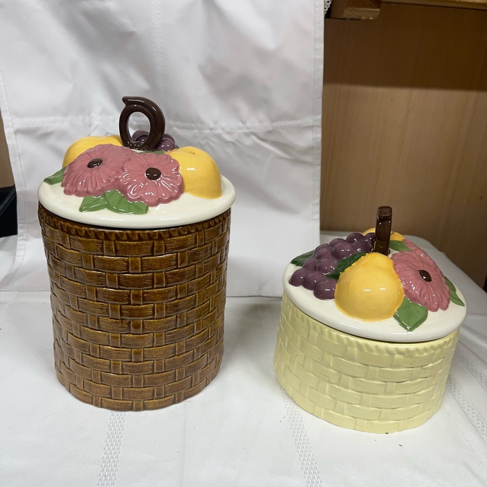 Vintage ceramic basket weave cannister set with colorful fruit & flower lids
